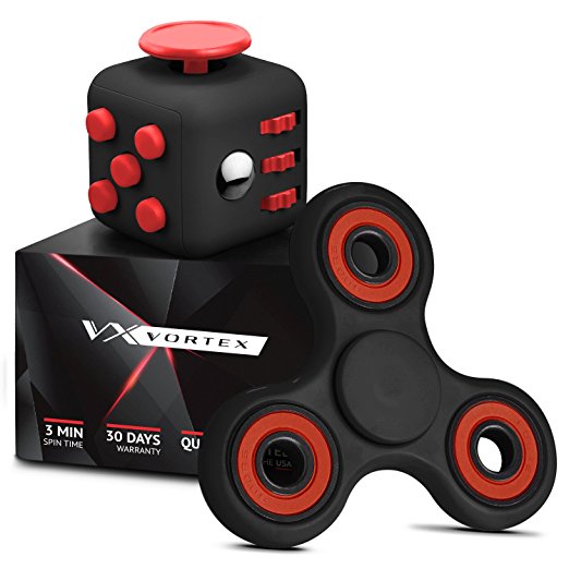 Vortex Spinners - Prime Fidget Toy Set of Upgraded Black High Speed Hand Spinner Toy and Black Soft Touch Fidget Cube in Premium Gift Box, 1-4 min of Spin Time (Black)