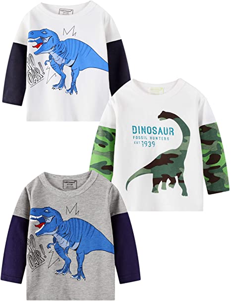Miss Bei 3Pcs Boys' Long-Sleeve T-Shirts Cartoon Tees Round Neck Kids Dinosaurs Cars Rocket Tops for 1-7T Pack Set