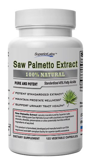 #1 Quality Saw Palmetto Extract by Superior Labs - Non Synthetic! 300mg, 120 Vegetable Caps - Made In USA, 100% Money Back Guarantee