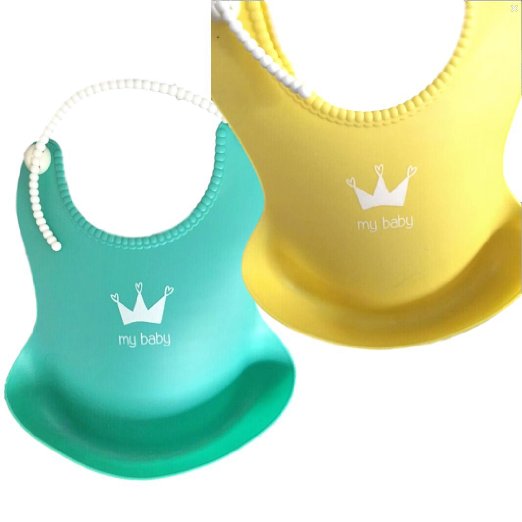 Cute Baby Bibs with Food Catcher. Silicone Waterproof Feeding Bib with Crumbs Pocket For Boys And Girls. Yellow / Aquamarine, 2 Pack