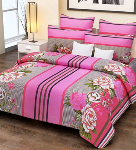 Home Candy 144 TC 100% Cotton Pink Stripes and Flowers Double Bed Sheet with 2 Pillow Covers