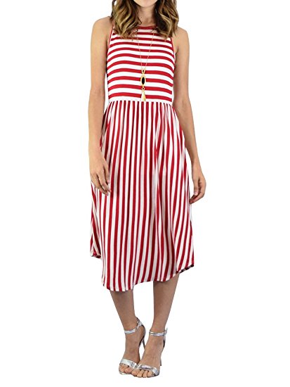 Foshow Womens Tank Dress Striped Midi Sleeveless Casual Summer Beach Dresses with Pockets