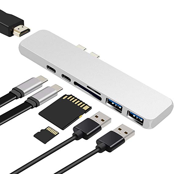 USB C Hub,HUBMAIN Thunderbolt 3 USB Type C Hub 7-in-1 with 40GB/S Thunderbolt 3,Type C Charging Port,SD/TF Card Slot,4K HDMI Port And 2 USB 3.0 Ports for MacBook Pro 2017/2016 13"&15",Silver