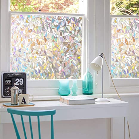 3D No Glue Window Privacy Film Static Window Clings Decorative Film Rainbow Light Effect Prism Window Stickers for Home Glass Door Kitchen Heat Control Anti UV (17.5x78.7 inches)