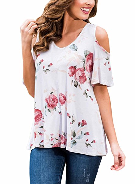 Annflat Women's Floral Print Cut Out Shoulder Short Sleeve T Shirt Blouse(9 Color,S-XXL)