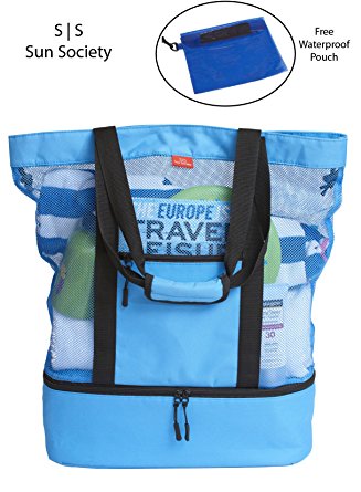 Sun Society Bag - 3 in 1 Beach Bag with Cooler, Towel Holder   Waterproof Pouch
