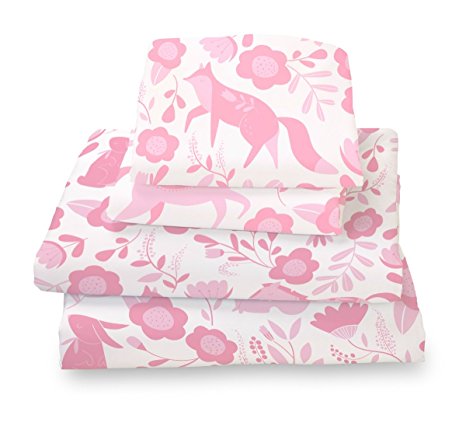 Queen Sheet Set Pink Folk Animals - Double Brushed Ultra Microfiber Luxury Bedding Set