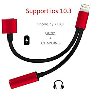 Lightning Cable, Cell Connectors 2 in 1 Lightning Adapter, iPhone 7 Lightning to 3.5mm Headphone Adapter,Charge Adapter, Earphone Adapter - Upgraded for IOS 10.3  (RED)