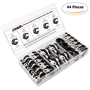 Cable Clamp Assortment Kit, 44 Pieces Stainless Steel Rubber Cushion Pipe Clamps Assorted in 5 Size 1/4'' 5/16'' 3/8'' 1/2'' 5/8'', Come With Durable PP Storage Case with Chart (Cable Clamp Kit 1)