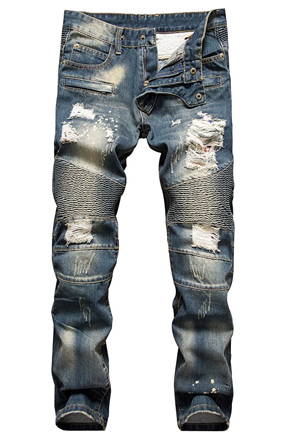 NITAGUT Men's Ripped Slim Straight fit Biker Jeans With Zipper Deco