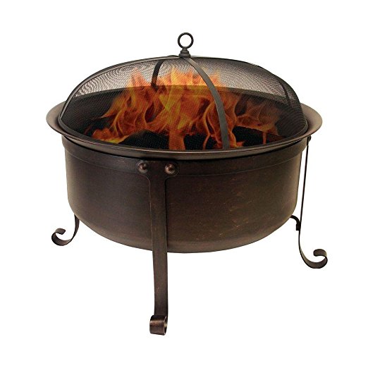 Catalina Creations Round Cauldron Wood Burning Patio Fire Pit with Oil Rubbed Bronze Finish, Mesh Spark Screen and Accessories, 34" L x 34" W
