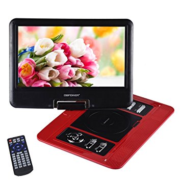 DBPOWER 13.3" Portable DVD Player, 2 Hours Rechargeable Battery,Swivel Screen,Supports SD Card and USB (Red)