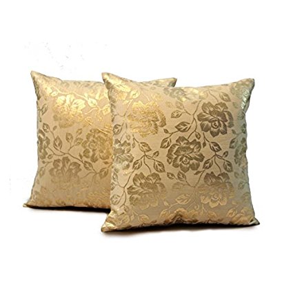 Peet Patanga Designer Festive Cushion Cover Dupion Silk Square Shape Flower Print Golden-Beige Color -Set of 2