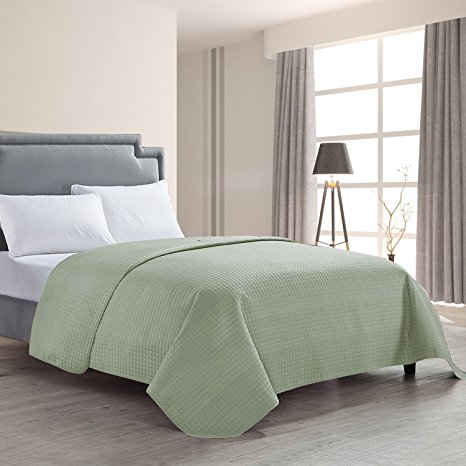 HollyHOME Luxury Checkered Super Soft Solid Single Pinsonic Quilted Bed Quilt Bedspread Bed Cover, Sage, Full/Queen