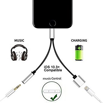 ATETION [Upgrade] Iphone 7 / 7 plus Adapter, Compatible IOS 10.3,control music, 2 in 1 Lightning adapter and Charger,Lightning to 3.5mm Audio Earphone Jack Cable - No Calling Function (Silver)