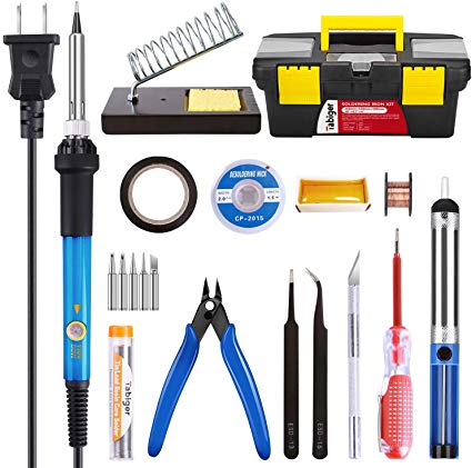 TABIGER Soldering Iron Kit Electronics 60W Adjustable Temperature Soldering Iron, 5pcs Soldering Iron Tips, Solder, Rosin, Solder Wick, Stand and Other Soldering Kits in Portable Toolbox
