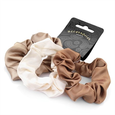 Set of 3 satin hair scrunchies in shades of brown. Useful hair accessory.