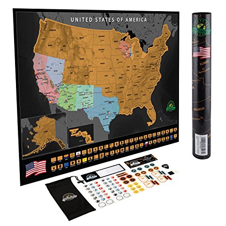 Scratch Off USA Map Poster - with State Flags and Landmarks - Track your Adventures! Includes Scratcher and Memory Stickers – Perfect Travel Gift - By Earthabitats(TM)