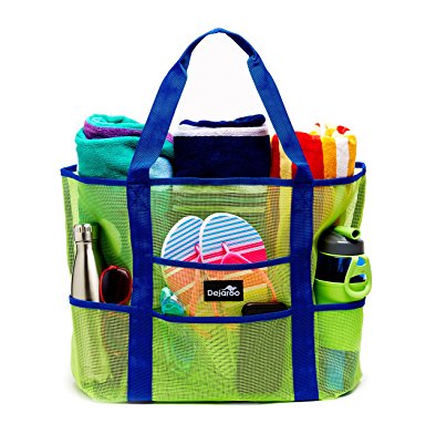 Dejaroo Mesh Beach Bag – Toy Tote Bag – Large Lightweight Market, Grocery & Picnic Tote with Oversized Pockets
