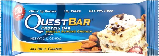 Quest Nutrition Protein Bar, Vanilla Almond Crunch, 20g Protein, 4g Net Carbs, 190 Cals, Low Carb, Gluten Free, Soy Free, 2.12oz Bar, 12 Count