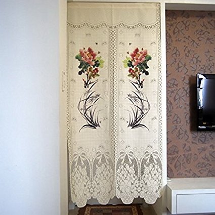 Elegant Lace Japanese Noren Peony and Orchid Printing Door Curtain