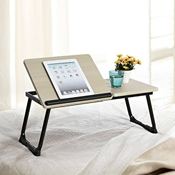 Beech / Black Laptop Notebook iPad Desk Stand Foldable Large Size Portable Adjustable Tilting Home and Office Lap Desk Bed Tray