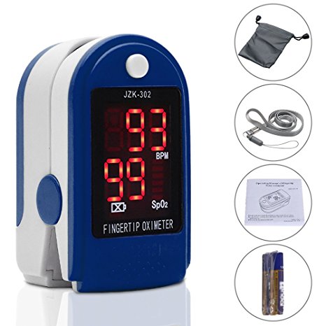 Fingertip Pulse Oximeter Heart Rate Monitor Blood Oxygen Saturation SpO2 Sensor LED Display with Carrying bag,Landyard & Battery(Blue)