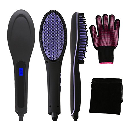 Hair Straightening Brush - 3 in 1 Fast and Easy Hair Straightener with Heat Resistant Glove