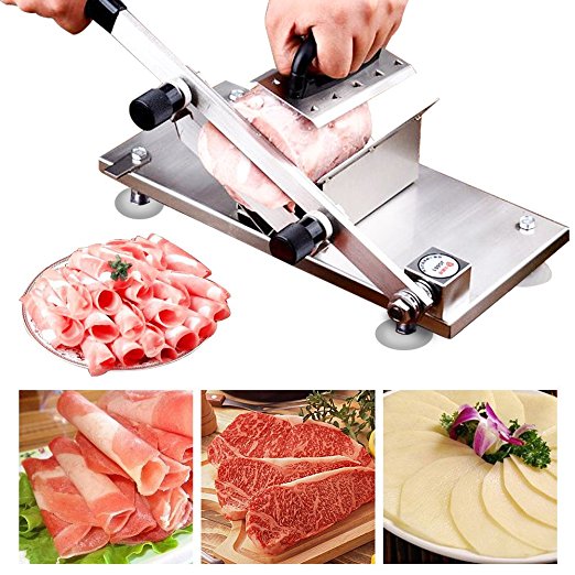 Manual Control Frozen Meat Slicer Cutting Stainless Steel Carbon Steel Blade Frozen Beef Mutton RollMeat Slicer Vegetable Meat Cheese Food Slicer Sheet Home Kitchen or Commercial Use