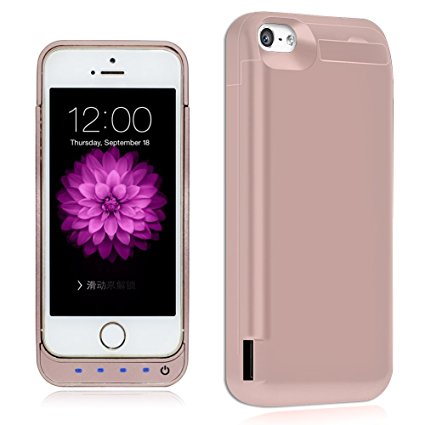 iPhone 5 / 5S / 5C / SE Battery Case,TQTHL Update [4800mAh] External Battery Backup Protective Charger Case for iPhone 5 / 5S / 5C / SE (Built-in USB Output Power Bank) LED Indicator Light - Rose Gold