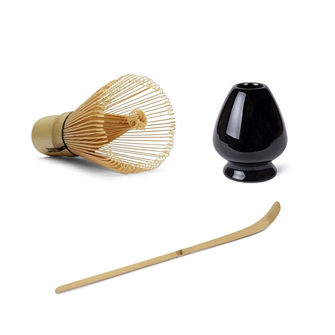 Matcha Whisk Bundle Set (3 Piece) - Consisting of Bamboo Matcha Whisk, Bamboo Matcha Spoon Or Scoop and Ceramic Matcha Whisk Holder (Black)