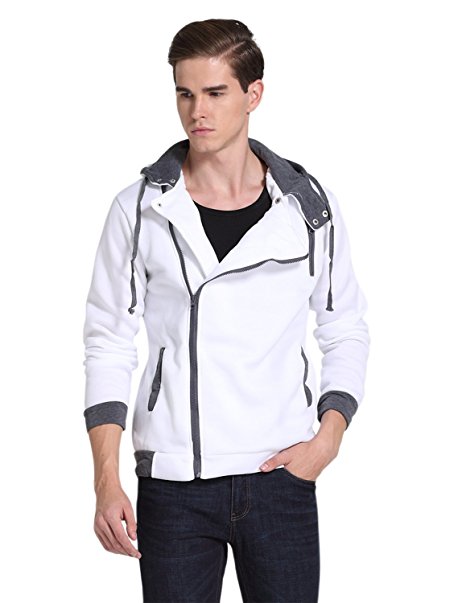 Pishon Men's Oblique Zipper Hoodie Casual Top Coat Plain Slim Fit Hooded Jackets