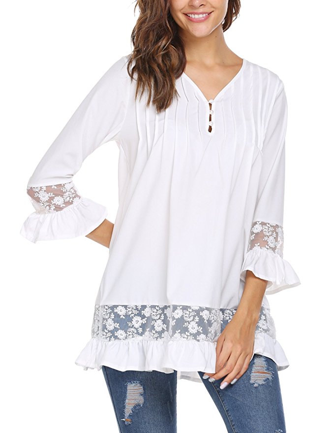 Soteer Women Casual Boho Lace O-neck 3/4 Sleeves Shirt Blouse Top S-XXL