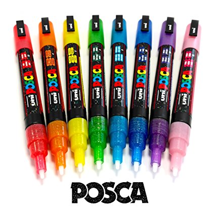 POSCA Colouring - PC-3ML Full Range of 8 Glitter Paint Markers - In Gift Box