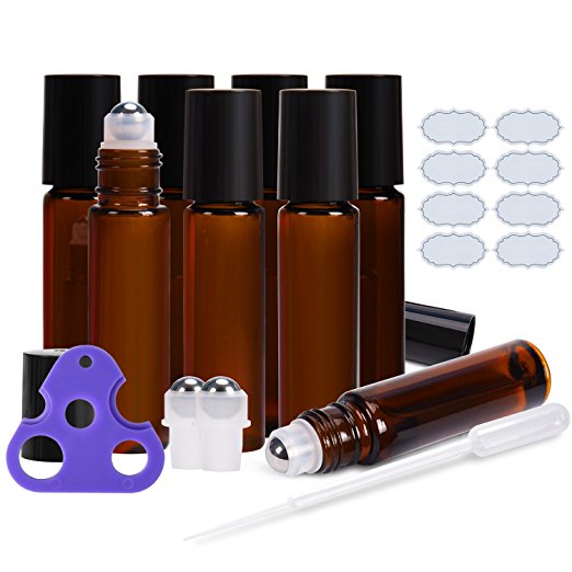 Roll on Bottles 10ml Amber Glass Empty Bottles 8 Piece ULG with Stainless Steel Roller Ball 2 Extra Ball 8 Piece Waterproof Labels 1 Opener and 3ml Dropper for Essential Oils