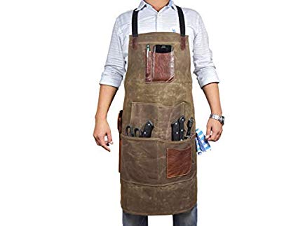 One Size Fits Utility Apron | Adjustable Cross-Back Straps | Multi-Use Shop Apron With Tool Pockets By Aaron Leather (Canvas - Green)