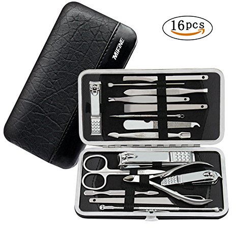 Manicure Pedicure Set Nail Clippers - Mifine 16 In 1 Stainless Steel Professional Pedicure Kit Nail Scissors Grooming Kit with Black Leather Travel Case