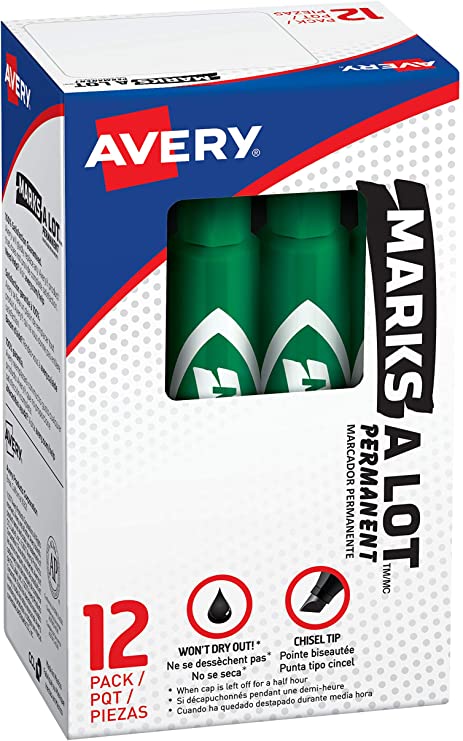Avery Marks-A-Lot Permanent Markers, Regular Desk-Style Size, Chisel Tip, Water and Wear Resistant, 12 Green Markers (07885)