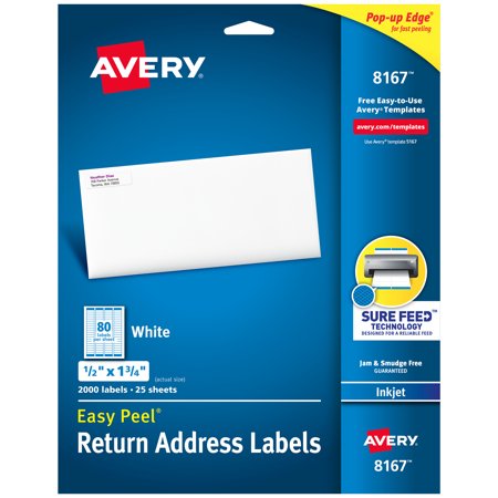 Avery Easy Peel Return Address Labels, Sure Feed™Technology, Permanent Adhesive, 1/2" x 1-3/4", 2,000 Labels (8167)