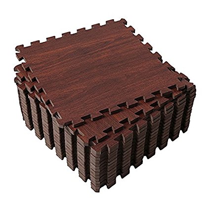 Superjare 16 Tiles (16 tiles = 16 sq.ft) Eva Foam Interlocking Tiles Protective Flooring Mat with Borders - Dark Wood Grain/ Light Wood Grain