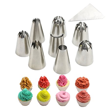 Pastry Bag-Cupcake/Cake Decorating Tips 8 Pcs Stainless Steel Piping Icing Tips 50 Pack-16-Inch Large Disposable Icing Piping Bags Set