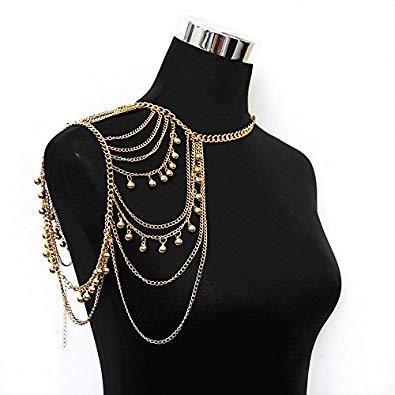 JoJo & Lin Gold Tone Harness Multilayer Body Chain with Beads Necklace Love Rocks Shoulder Drape