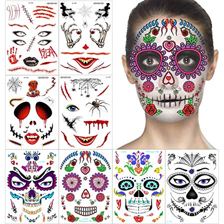 Halloween Temporary Face Tattoos Kit - 2019 Cool Designs, Full Face Sugar Skull Tattoos, for Halloween and Day of the Dead, Easy to Apply and Remove, Safe and Non-toxic
