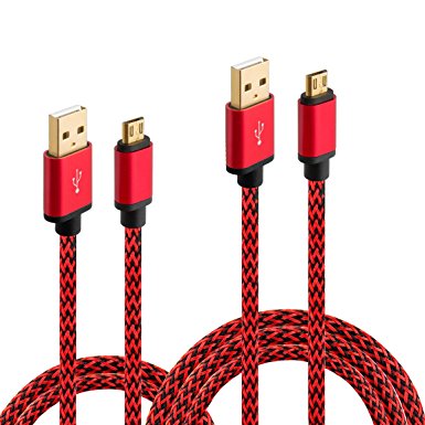 HI-CABLE USB 2.0 Nylon Fabric Braided USB Cable for Android Phones, 2 Pack (10-Feet and 3-Feet), Red