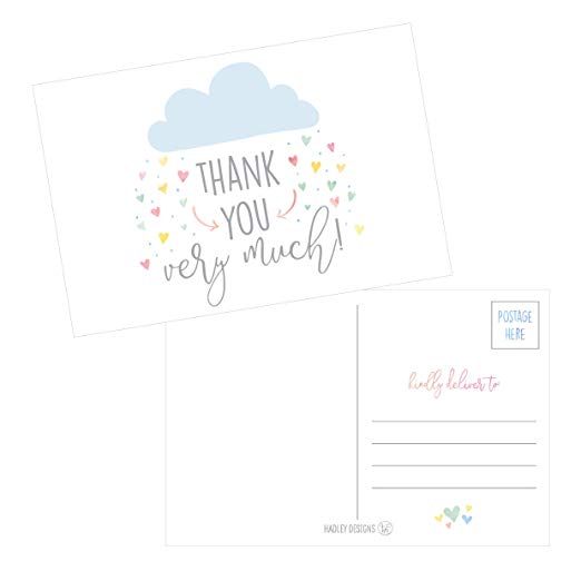 50 4x6 Rain Clouds Blank Thank You Postcards Bulk, Cute Modern Baby Shower Sprinkle Rainbow Showered With Love Thank You Note Card Stationery For Wedding Bridesmaid Bridal, Religious, Holiday