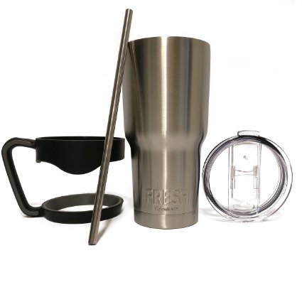 Stainless Steel Tumbler 30 Oz with Handle, Slide Close Lid and Straw - Double Wall Vacuum Insulated - Keeps Hot Drinks HOT and Cold Drinks COLD! (30 Oz, Fresh Stainless)