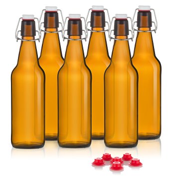 Grolsch Flip Top Bottles / Swing Top Bottles - Box of 6 - Large 16oz - Amber Color - Bonus Replacement Gaskets