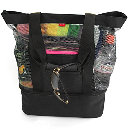 Aruba Mesh Beach Tote Bag with Zipper Top and Insulated Picnic Cooler
