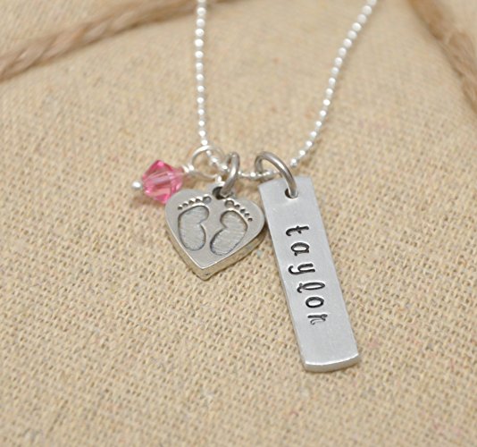 Hand stamped name necklace with crystal birthstone and heart with feet charm - Sterling silver necklace - Personalized necklace