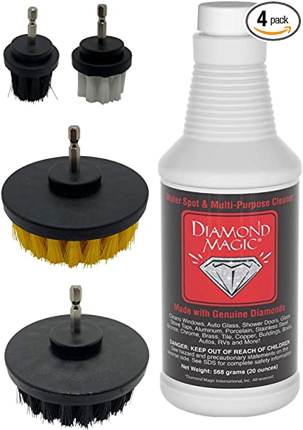 Diamond Magic Combo Pack - 20oz Diamond Magic & 4-pc. Drill Brush Set Commercial Cleaner Removes Tough Water Stains & Spots From Shower Doors, Windshields, Windows, Chrome, Tile, Tubs, Stainless Steel